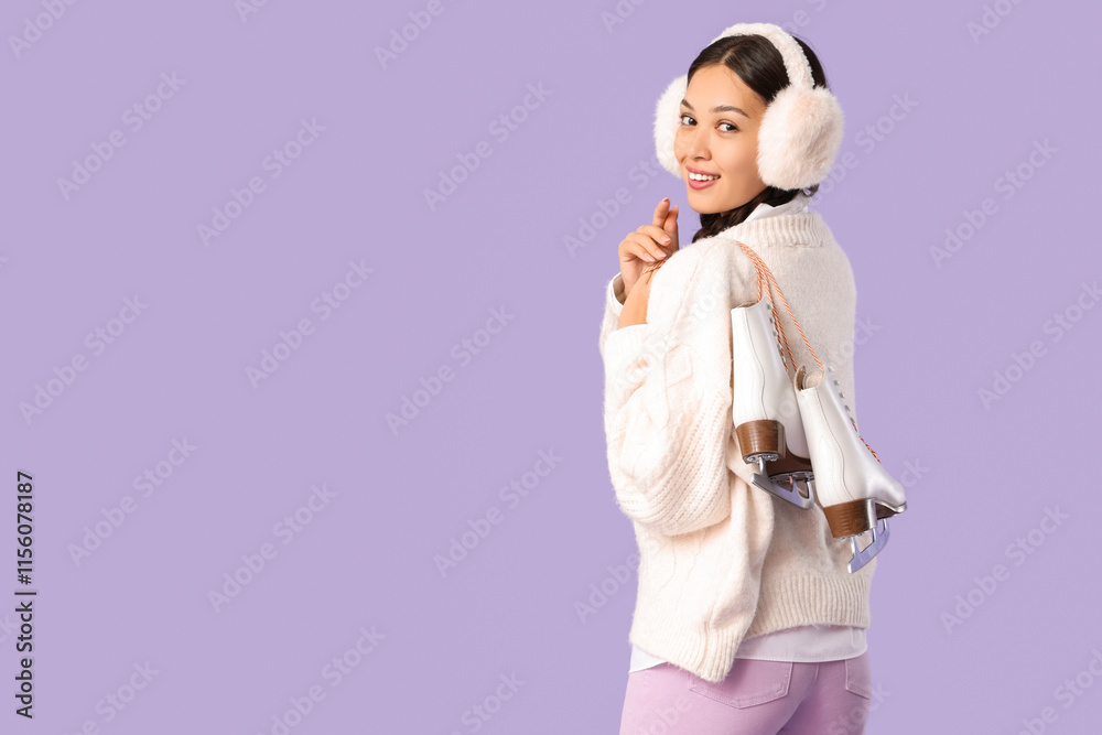 Beautiful young Asian woman with ice skates on lilac background Beautiful young Asian woman with ice skates on lilac background