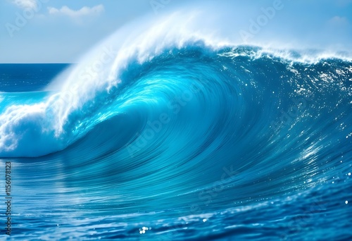 Fototapeta Naklejka Na Ścianę i Meble -  Powerful ocean wave with white foam crest against blue sky. Giant turquoise surf barrel in tropical waters. Natural force of sea water. Extreme watersport and surfing background