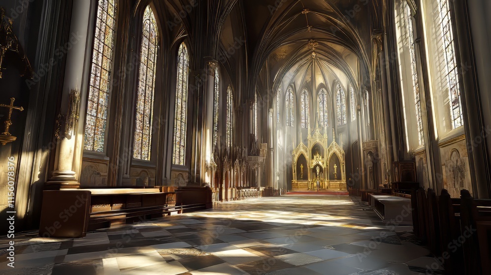 Obraz premium Sunlit Gothic church interior