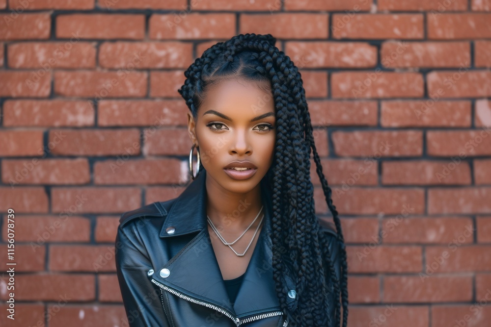 Naklejka premium Urban portrait of young African American woman with dreadlocks smiling. Casual fashion style. Beauty, and diversity concept. Black History Month, Women's Day