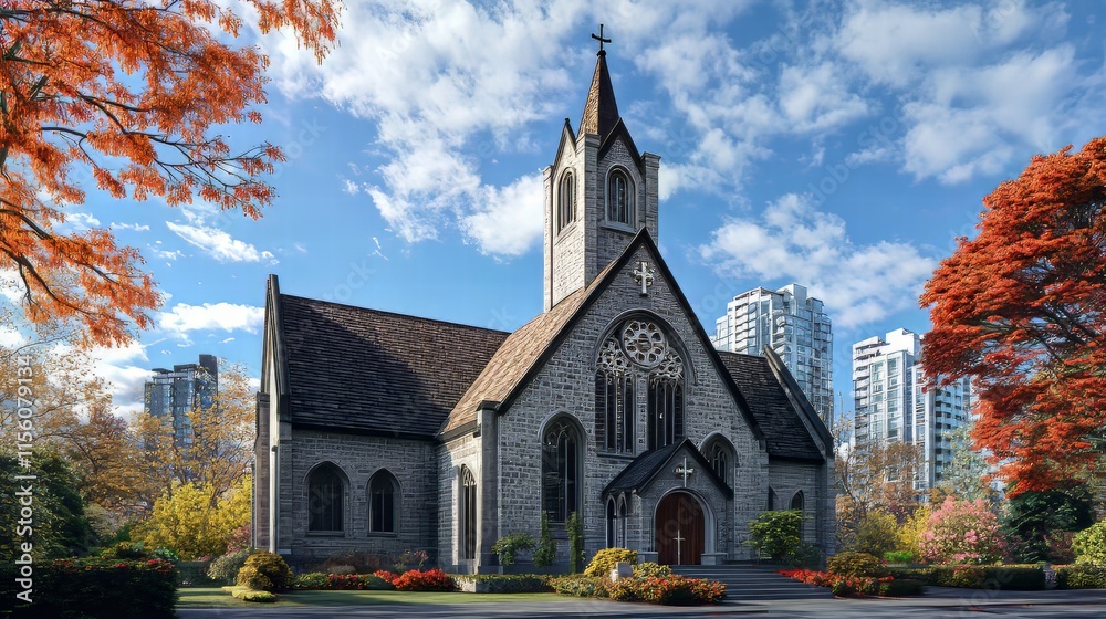 Fototapeta premium Stone church in autumn setting