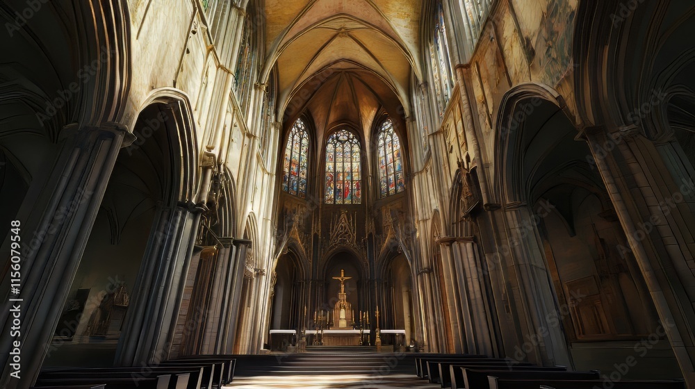 Grand cathedral interior, sunlight streams in Grand cathedral interior, sunlight streams in