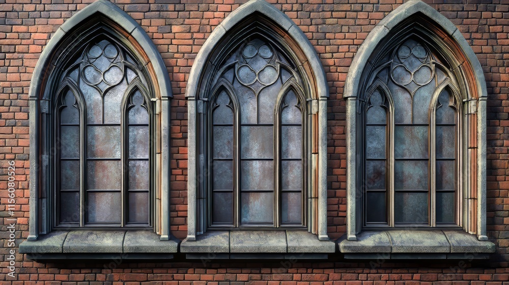 Obraz premium Gothic arched windows in brick wall