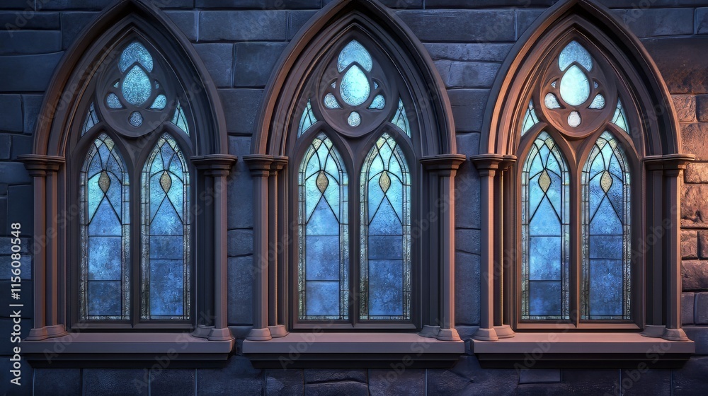 Fototapeta premium Gothic arched windows in stone wall