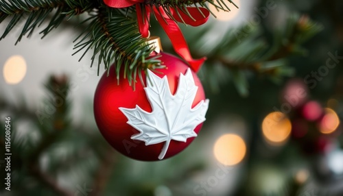 Closeup of red Christmas ornament with white maple leaf. Ornament hangs from evergreen tree branch. Blurred background shows festive lights. Festive decoration Canadian holiday spirit, national photo