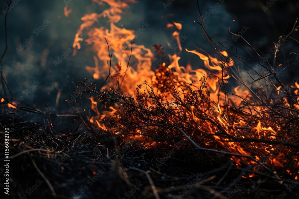 Bushfire Inferno: Close-up of Burning Forest with Dark Smoke and Orange Flames Bushfire Inferno: Close-up of Burning Forest with Dark Smoke and Orange Flames