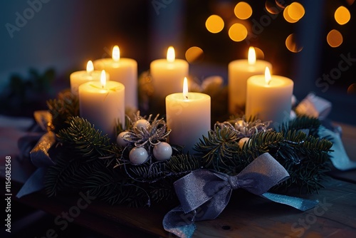 Christmas Celebration: Advent Wreath with Silver Ribbons and Candles
