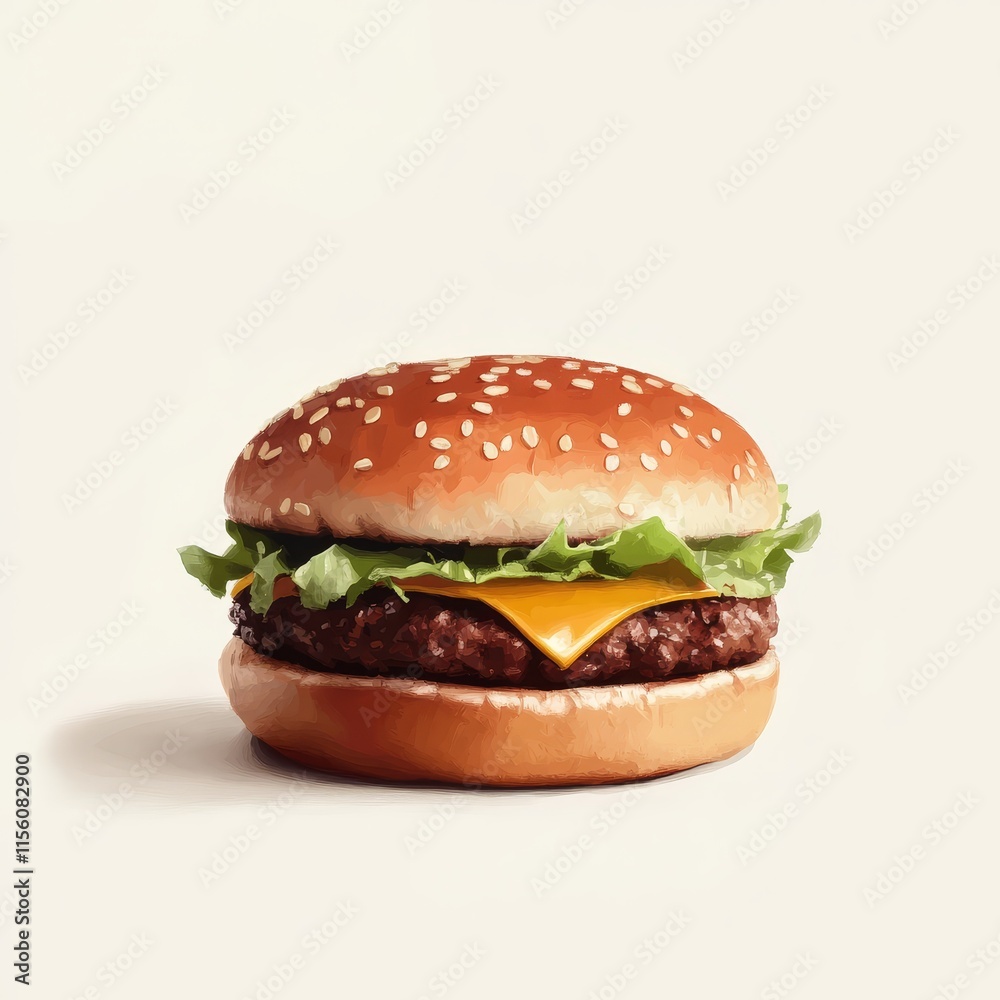 Juicy cheeseburger with sesame bun, lettuce, and melted cheese. Juicy cheeseburger with sesame bun, lettuce, and melted cheese.