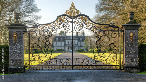 Grand wrought iron gate with intricate scrollwork and decorative gold accents, leading to a historic countryside manor