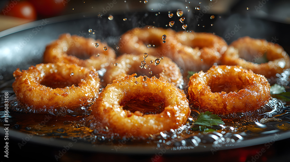 Action Shot of Crunchy Onion Rings in Perfect Formation Action Shot of Crunchy Onion Rings in Perfect Formation