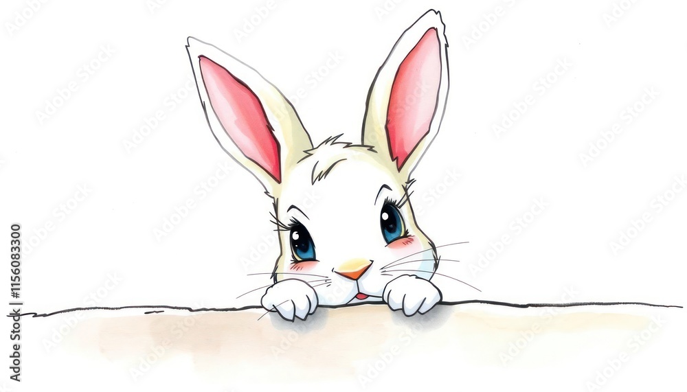 Obraz premium Adorable Bunny Illustration Peeking Over a White Table on a White Background