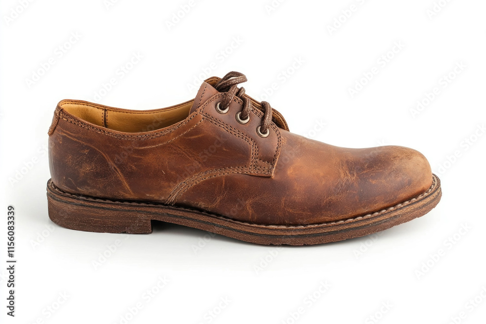 Brown leather shoe with matching sole, worn and weathered, placed on a polished wooden floor beside a shoe polish kit. Brown leather shoe with matching sole, worn and weathered, placed on a polished wooden floor beside a shoe polish kit.
