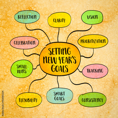 Setting New Year goals, reflecting on the past year, envisioning a better future, and creating actionable plans to improve your life, mind map infographics.