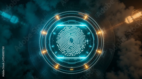 Futuristic, digitally rendered image depicts a glowing circular interface displaying a fingerprint, suggesting themes of biometric security and technological advancement within a smoky, mysterious atm photo