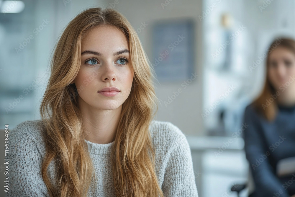 Fototapeta premium Woman with long blonde hair in white sweater smiles standing in blooming field with colorful flowers, under sunny blue sky.