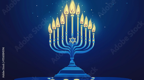 estive Hanukkah scene with menorah and gifts. Suitable for holiday celebrations and backgrounds.