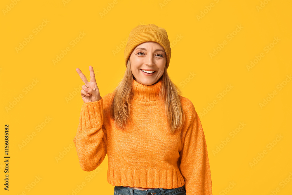Beautiful mature woman in orange sweater and stylish hat showing victory gesture on yellow background Beautiful mature woman in orange sweater and stylish hat showing victory gesture on yellow background