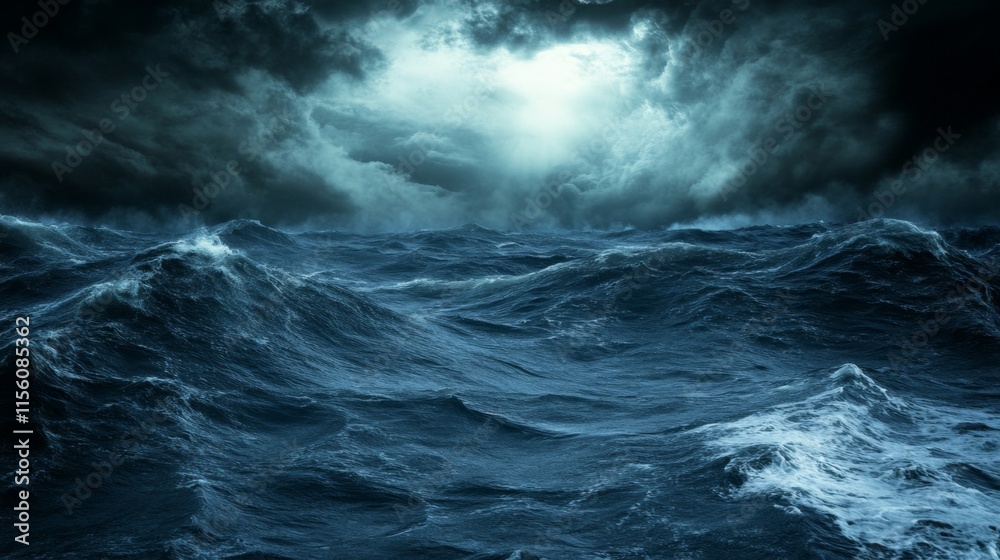 Fototapeta premium Dark and Stormy Sea with Turbulent Waves Under Dramatic Clouds and Luminous Sky Showing the Power of Nature During a Stormy Weather Scene