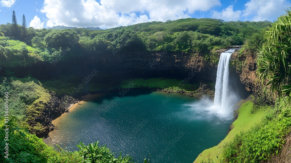 Fototapeta premium Lush Tropical Waterfall Cascading into Emerald Pool