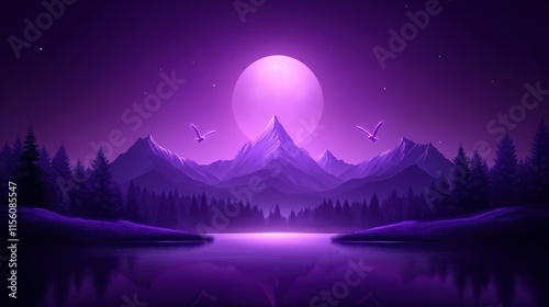 Wallpaper Mural Serene purple moonlit mountain landscape with reflective lake and soaring birds Torontodigital.ca