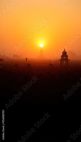 Wallpaper Mural Golden hour sun silhouettes large crowd gathered at Kumbh Mela. Silhouettes of people, structures visible against golden light. Large gathering creates sense of community, togetherness. Religious Torontodigital.ca