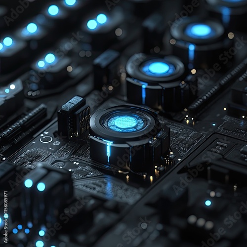 A close up of a computer chip with blue lights photo