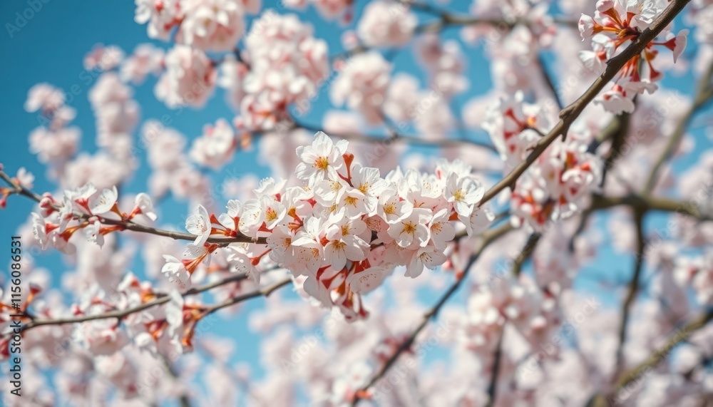 Sakura tree branch blossoms in spring with clusters of delicate pink, white flowers. Beautiful blossoms are on tree branch against clear blue sky. Spring nature scene. Japanese cherry blossom scenery. Sakura tree branch blossoms in spring with clusters of delicate pink, white flowers. Beautiful blossoms are on tree branch against clear blue sky. Spring nature scene. Japanese cherry blossom scenery.