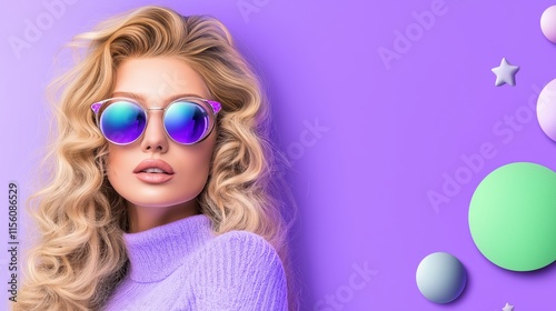 Fashionable woman in vibrant outfit and sunglasses against a modern purple background