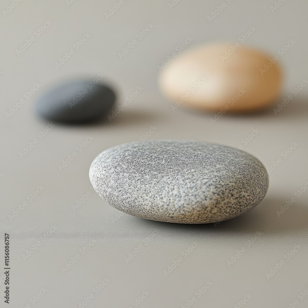 Three rocks are on a table, one of which is grey and the other two are black Three rocks are on a table, one of which is grey and the other two are black