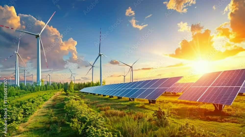 Scenic sunset view of wind turbines and solar panels in a green field.