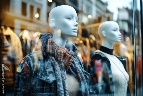 Mannequins showcase contemporary fashion in trendy storefront, capturing modern lifestyle vibes photo