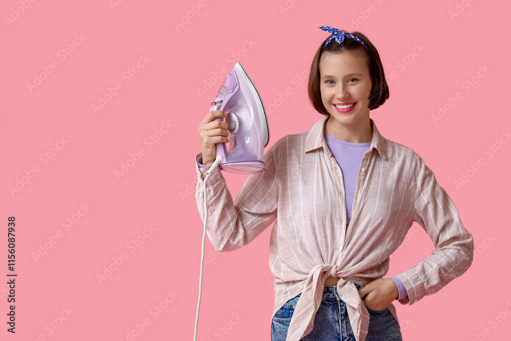 Smiling young woman with iron on pink background Smiling young woman with iron on pink background