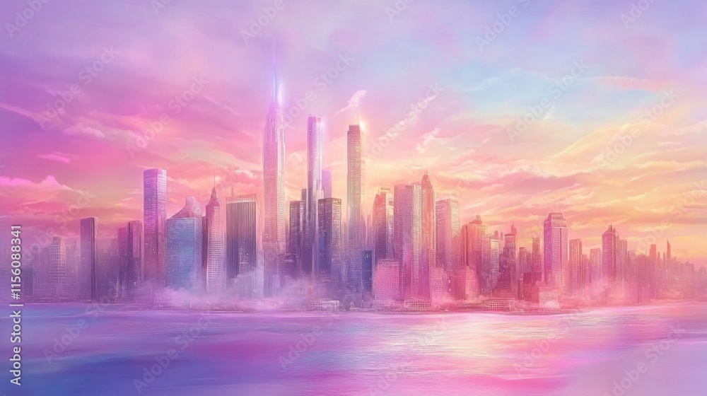 Serene Sunset Over a Vibrant City Skyline with Colorful Reflections on Water, Showcasing Skyscrapers and a Dreamy Atmosphere at Dusk