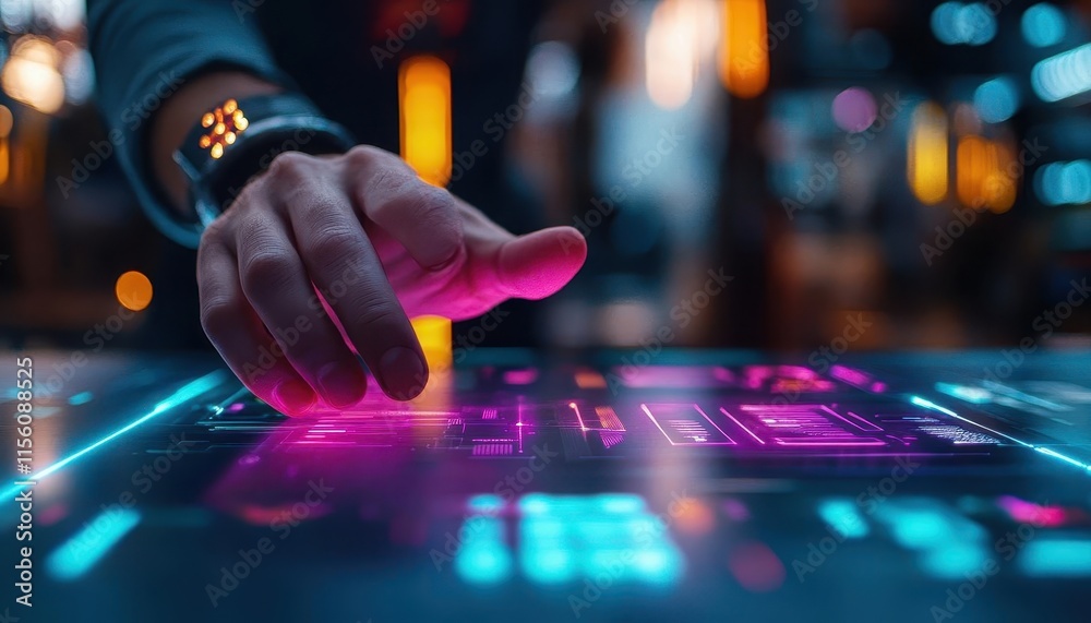 Entrepreneur at a digital desk, working on a holographic display with AI assistants, sleek office decor, sharp neon lighting, futuristic and high-tech