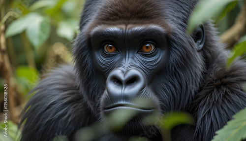 Close up of a wild mountain gorilla in its natural habitat, showcasing this rare and endangered species. The mountain gorilla, a big and charismatic creature, represents African wildlife. photo