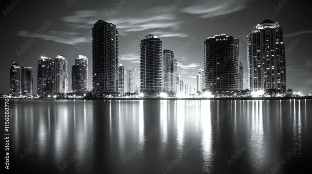 Fototapeta premium Stunning Black and White Night Cityscape of Skyscrapers with Reflections in Water, Illuminated Urban Skyline Under Dramatic Cloudy Sky