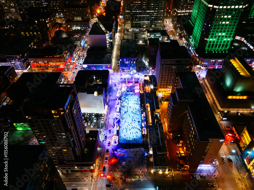 Montreal city skating rink at night illuminated for Christmas, Quebec, Canada.