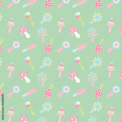 Pattern of various children's rattles on a green background