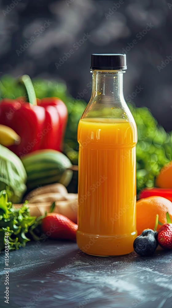 Bottle of orange juice surrounded by fresh fruits on a rustic wooden table, with blurred greenery in the background. Healthy lifestyle concept. Bottle of orange juice surrounded by fresh fruits on a rustic wooden table, with blurred greenery in the background. Healthy lifestyle concept.