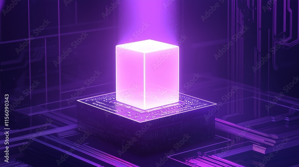 Neon Glow: A vibrant, purple cube glows with energy against a backdrop of intricate circuitry, symbolizing digital innovation and technological advancement. Neon Glow: A vibrant, purple cube glows with energy against a backdrop of intricate circuitry, symbolizing digital innovation and technological advancement.