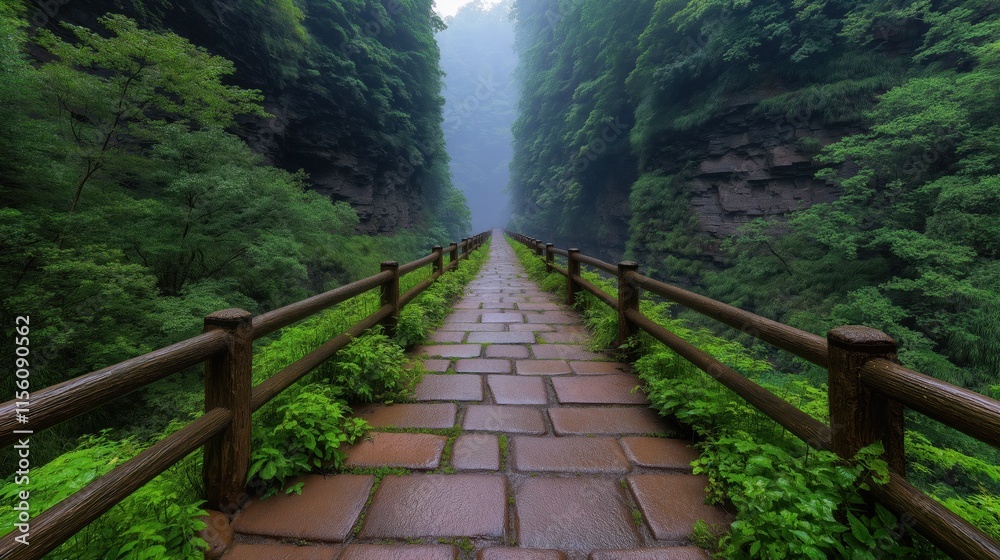 Tranquil forest pathway through lush green gorge on misty morning Tranquil forest pathway through lush green gorge on misty morning