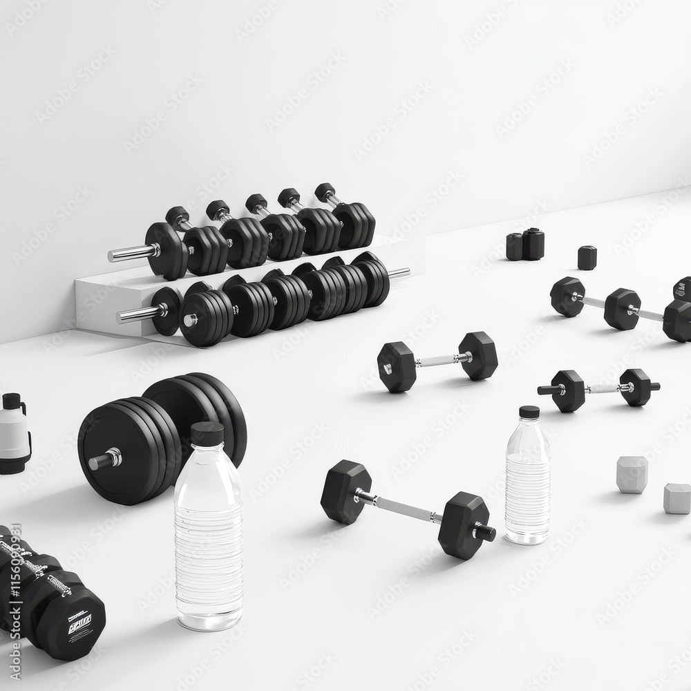 A variety of gym equipment including dumbbells and water bottles, arranged neatly on a bright white background. A variety of gym equipment including dumbbells and water bottles, arranged neatly on a bright white background.