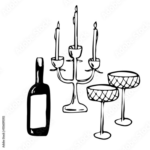 Minimalistic hand drawn vector line art illustration of a wine bottle, candelabra with lit candles, and elegant glasses. Perfect for romantic, festive, or formal dinner-themed projects or invitations