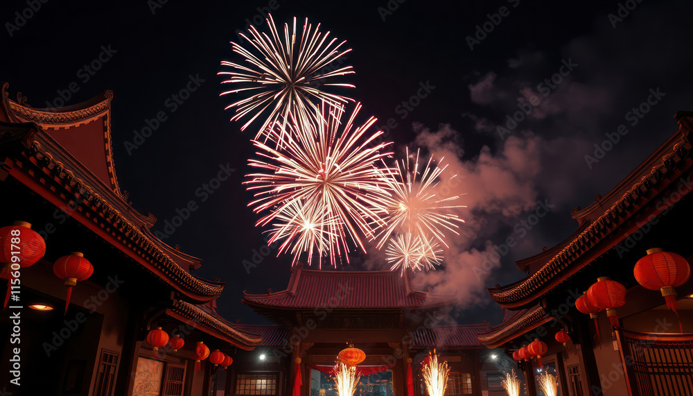 Fireworks explode brightly above traditional Chinese architecture at night. Red lanterns hang from buildings. Festive, cultural scene celebrating spring festival. Photo shows traditional Chinese New Fireworks explode brightly above traditional Chinese architecture at night. Red lanterns hang from buildings. Festive, cultural scene celebrating spring festival. Photo shows traditional Chinese New