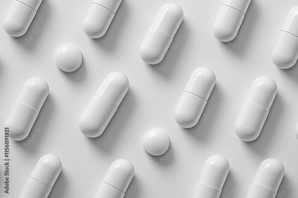 White pills scattered on a white surface, creating a minimalist and clinical aesthetic. White pills scattered on a white surface, creating a minimalist and clinical aesthetic.