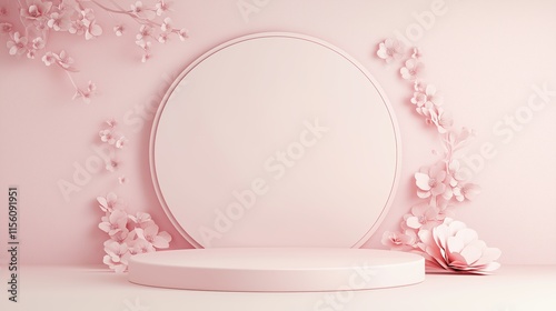 Elegant pink floral background with round podium for product display