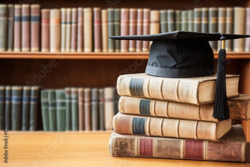 A stack of old books with a black graduation cap, symbolizing education and achievement in a library setting. photo