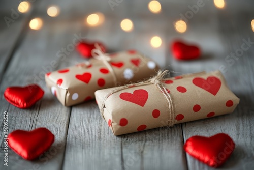 Charming valentine s day gifts wrapped in brown paper with polka dots and heart decorations photo