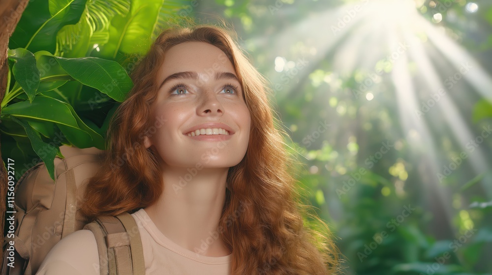 Woman exploring sunlit jungle: embracing nature's beauty and adventure Woman exploring sunlit jungle: embracing nature's beauty and adventure