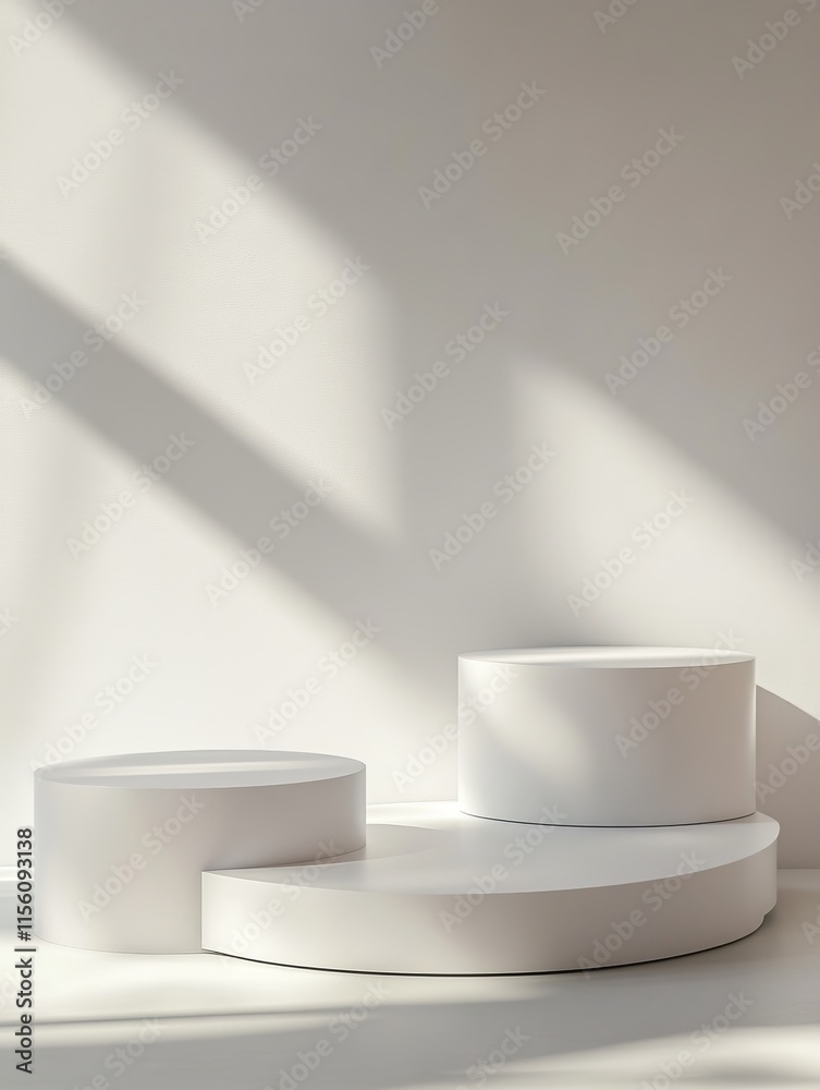 Minimalist white podiums with sunlight shadows on white wall background. Minimalist white podiums with sunlight shadows on white wall background.